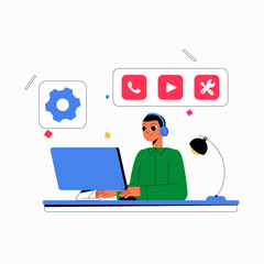 Male Character At Desk With Headphones And Media Icons In Flat Vector Illustration Symbolizing Technical Support, Multimedia, And Digital Tools, Isolated On White Background
