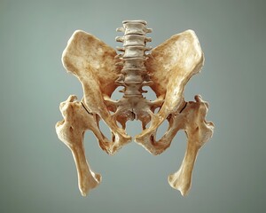 High-definition depiction of a human pelvis and hip bone structure, highlighting joints and ligaments,