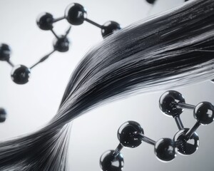 A close-up image featuring flowing hair intertwined with molecular structures, highlighting the connection between hair and science.