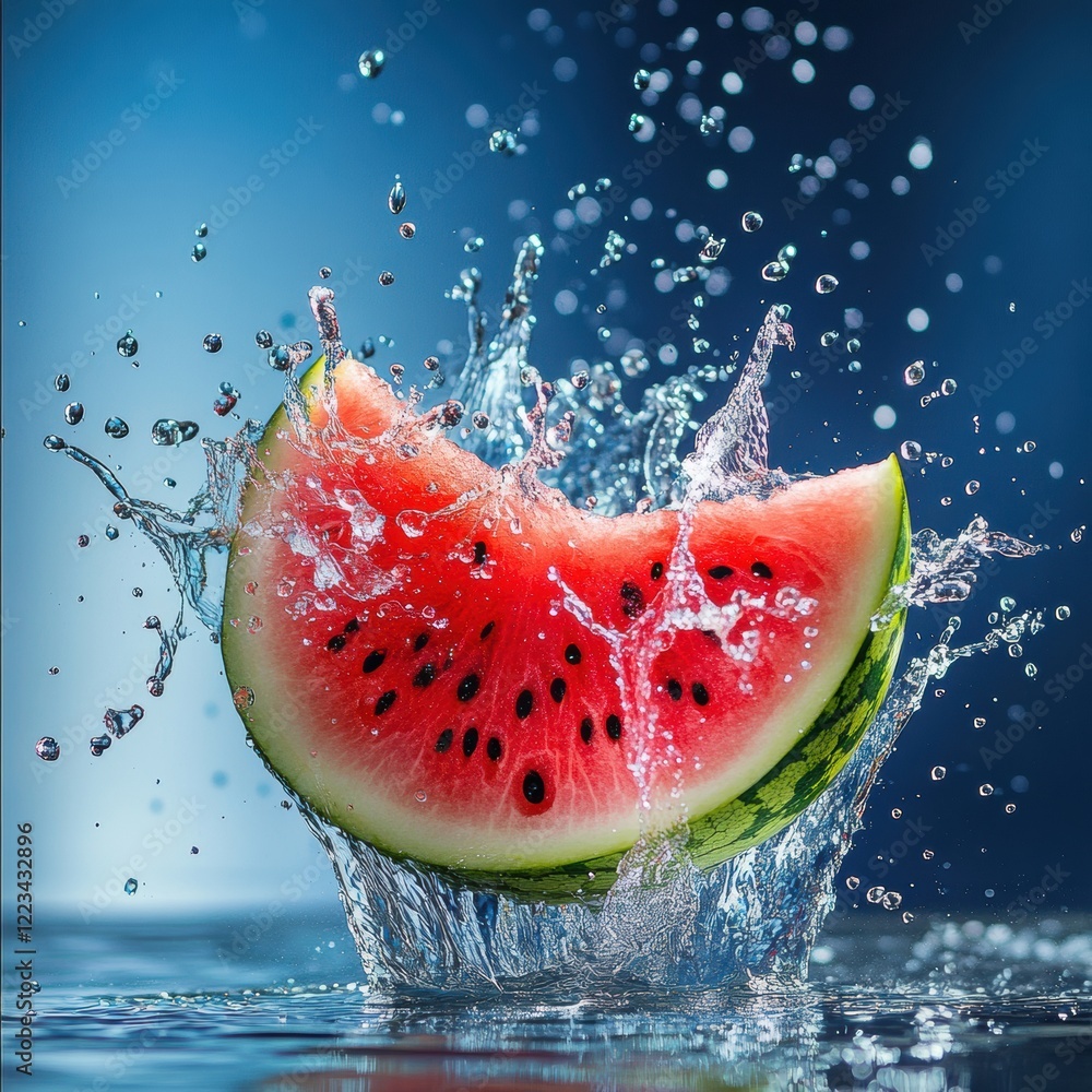 Poster fresh watermelon splashes dramatically in clear blue water creating a vibrant display of fruit and m