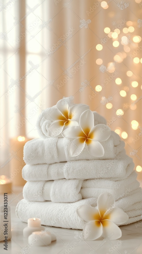 Poster luxurious spa setting featuring neatly stacked towels adorned with delicate flowers and soft lightin