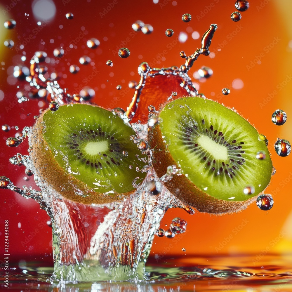 Poster kiwi slices create splashes in vibrant water with colorful background during bright summer day. gene