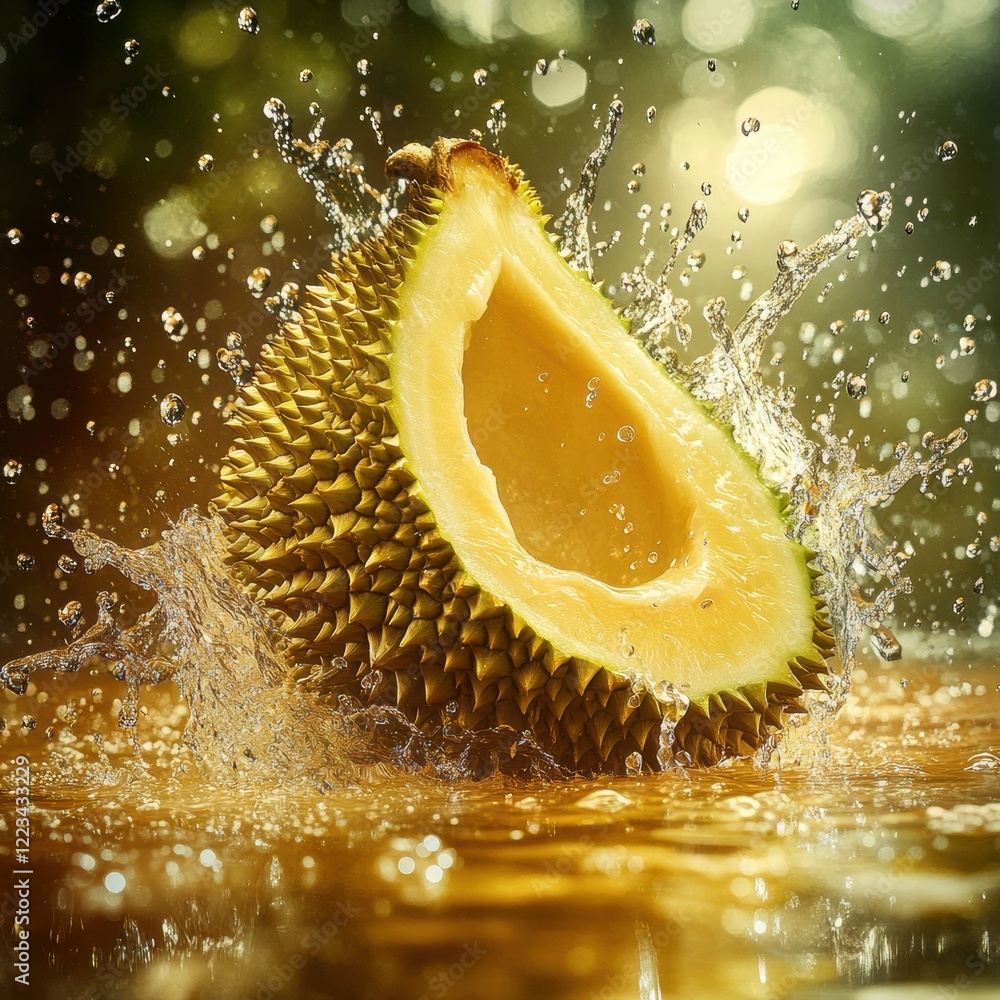 Poster freshly cut durian splashes into water creating a vibrant and lively setting in a tropical environme