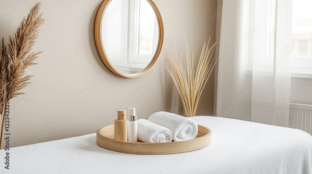 Poster a tranquil spa room featuring soft towels and an array of skincare products elegantly arranged on a 