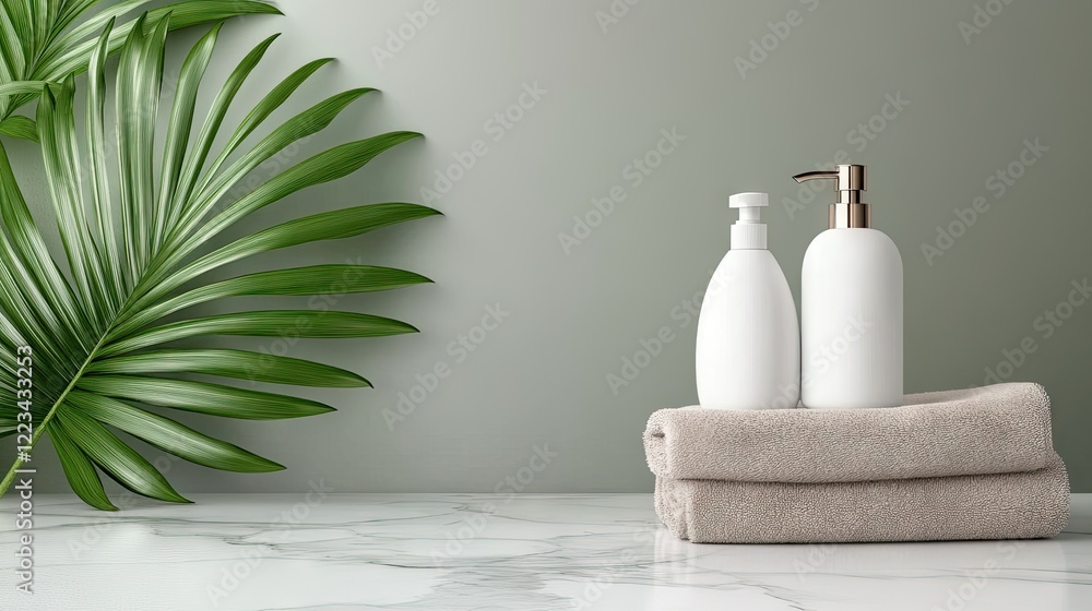 Poster a beautifully arranged display showcasing an array of skincare products set against a calming neutra