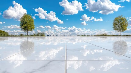 City park plaza, bright sky, tree reflection, urban landscape, advertising