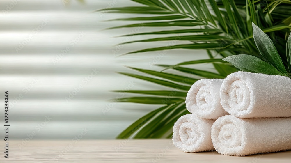 Poster soft white towels neatly arranged with green foliage in a tranquil spa setting, creating a calming a