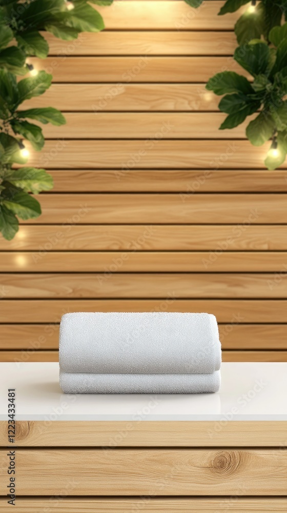 Poster relaxing spa setting with a neatly rolled towel and ambient lights in a wooden themed environment du
