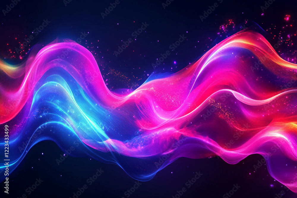 Poster 3d render, abstract background with wavy lines in neon purple and pink colors made ai generative