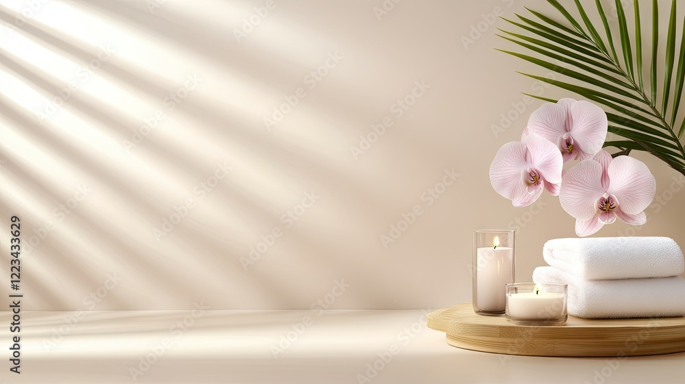 Poster relaxing spa setting with candles, soft towels, and orchids creating an inviting atmosphere for self