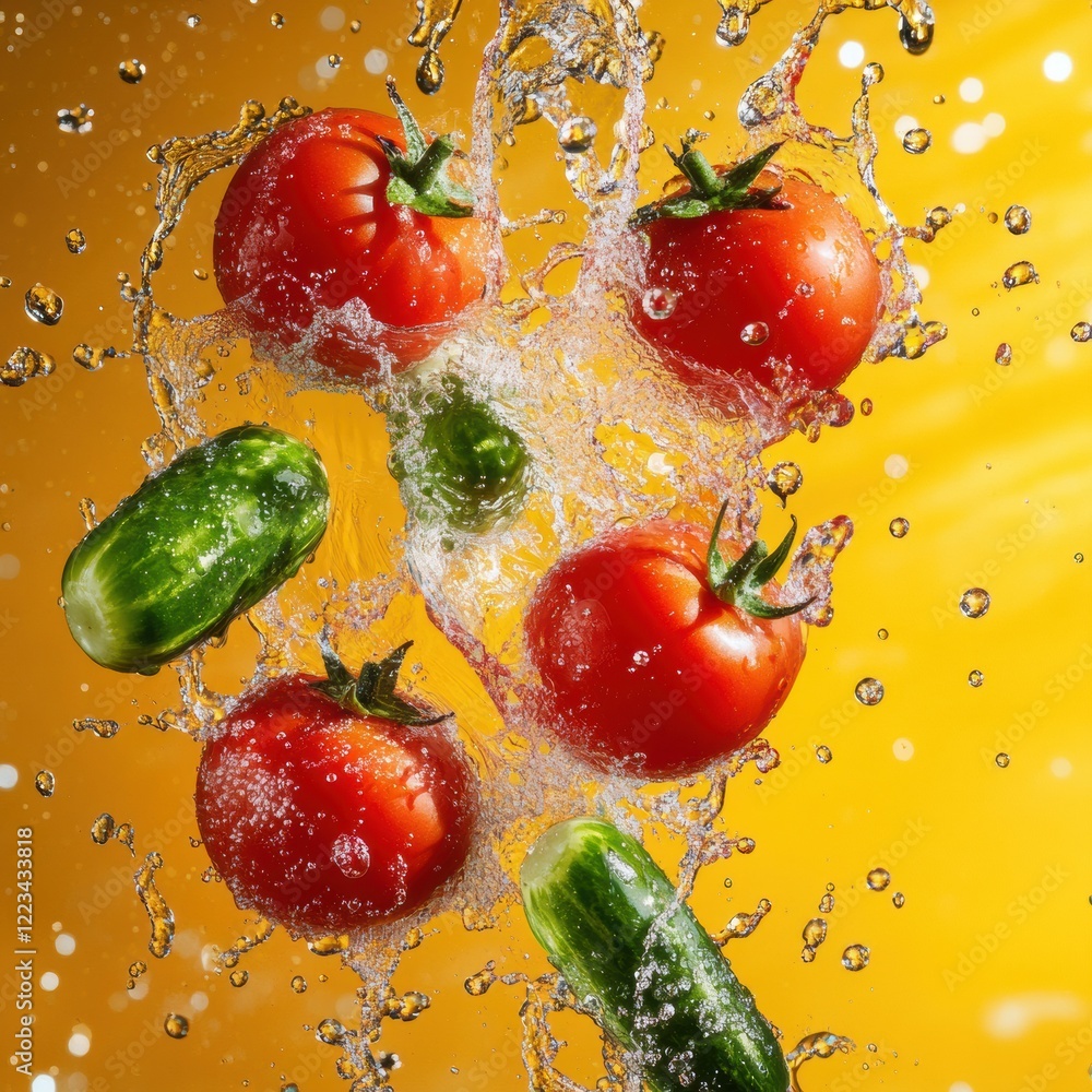 Poster fresh vegetables splashing in water with vibrant background during daytime. generative ai