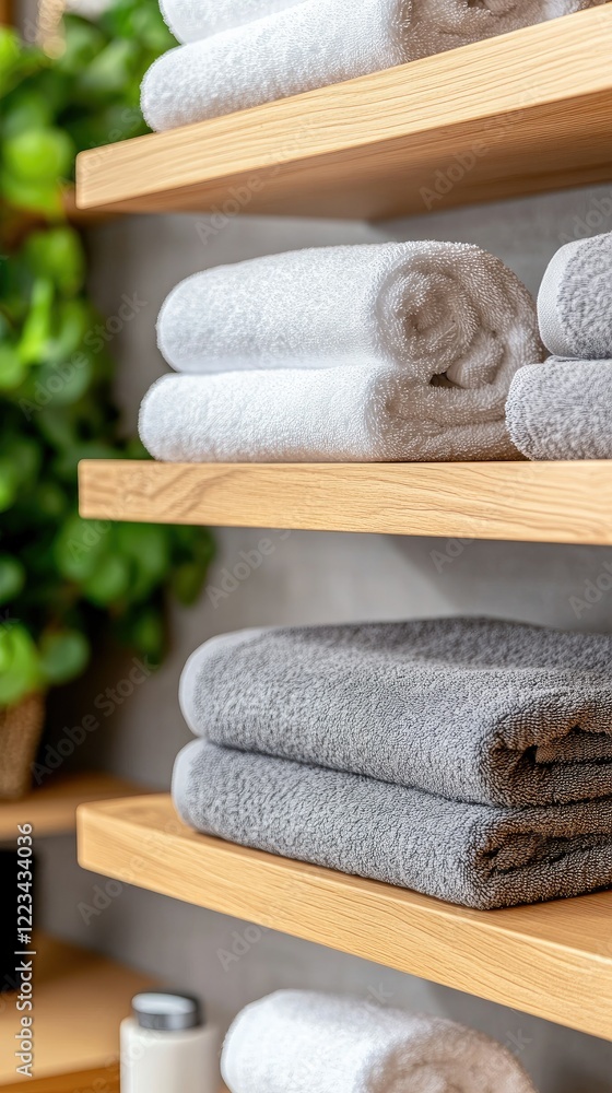 Poster neatly arranged towels in a cozy spa setting with plants and wooden shelves creating a relaxing envi