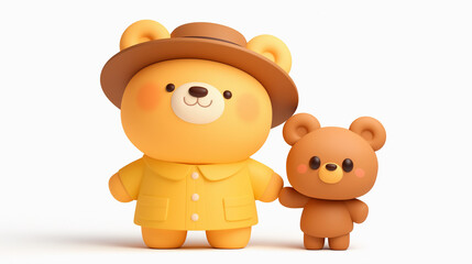 Fototapeta premium Bear in Hat and Shirt with Small Bear on White Background