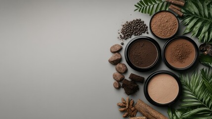 A diverse selection of natural powders and spices is beautifully arranged on a neutral backdrop, complemented by lush greenery