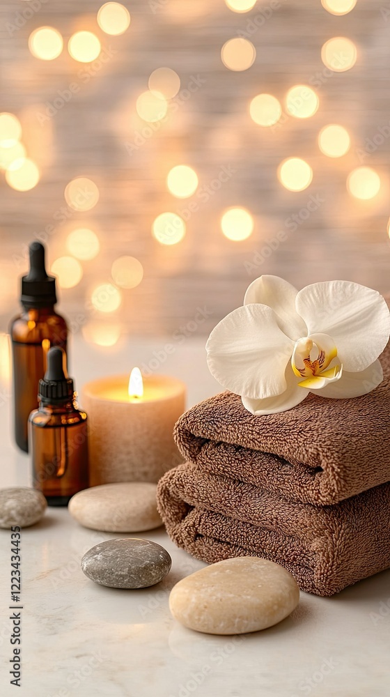 Poster relaxing spa setup with essential oils, candles, and soft towels creating a serene atmosphere for pa