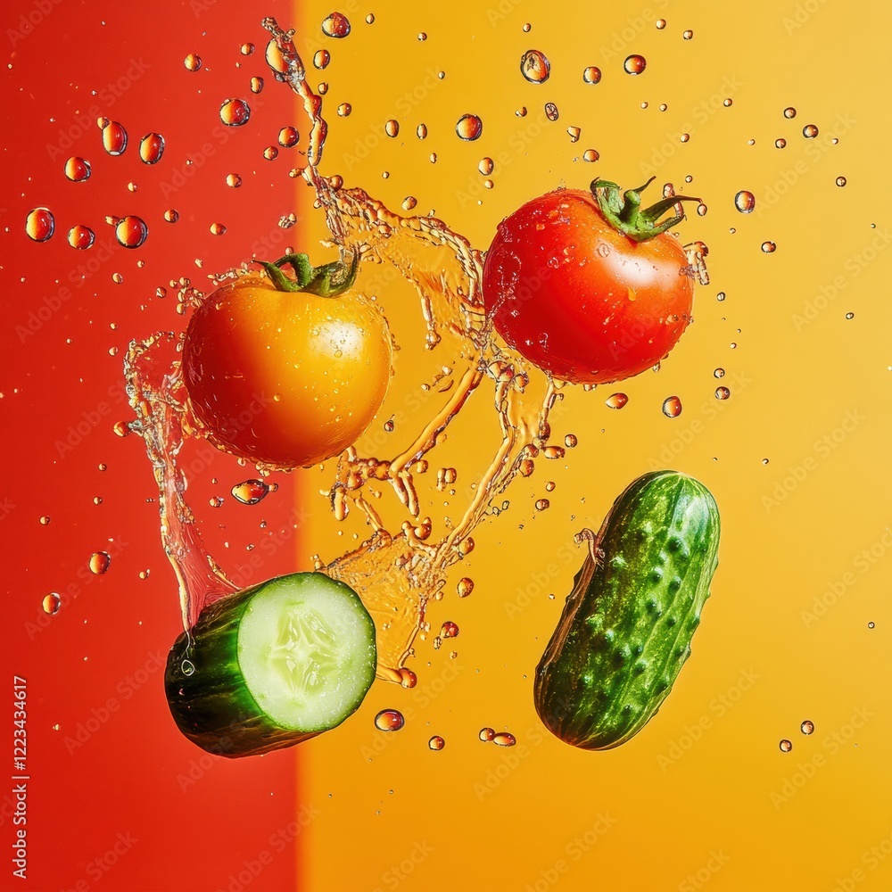 Poster fresh vegetables splash in water against a vibrant orange and red backdrop creating a lively and col