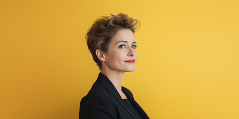Elegant Businesswoman in a Power Pose on Vibrant Yellow Background