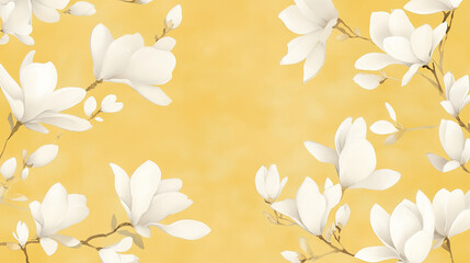 White magnolias painted in watercolor on yellow wallpaper. Design for a postcard.