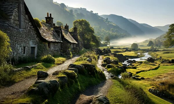 Camera follow the street with old English cottages, beautiful; picturesque village, travel destination  
