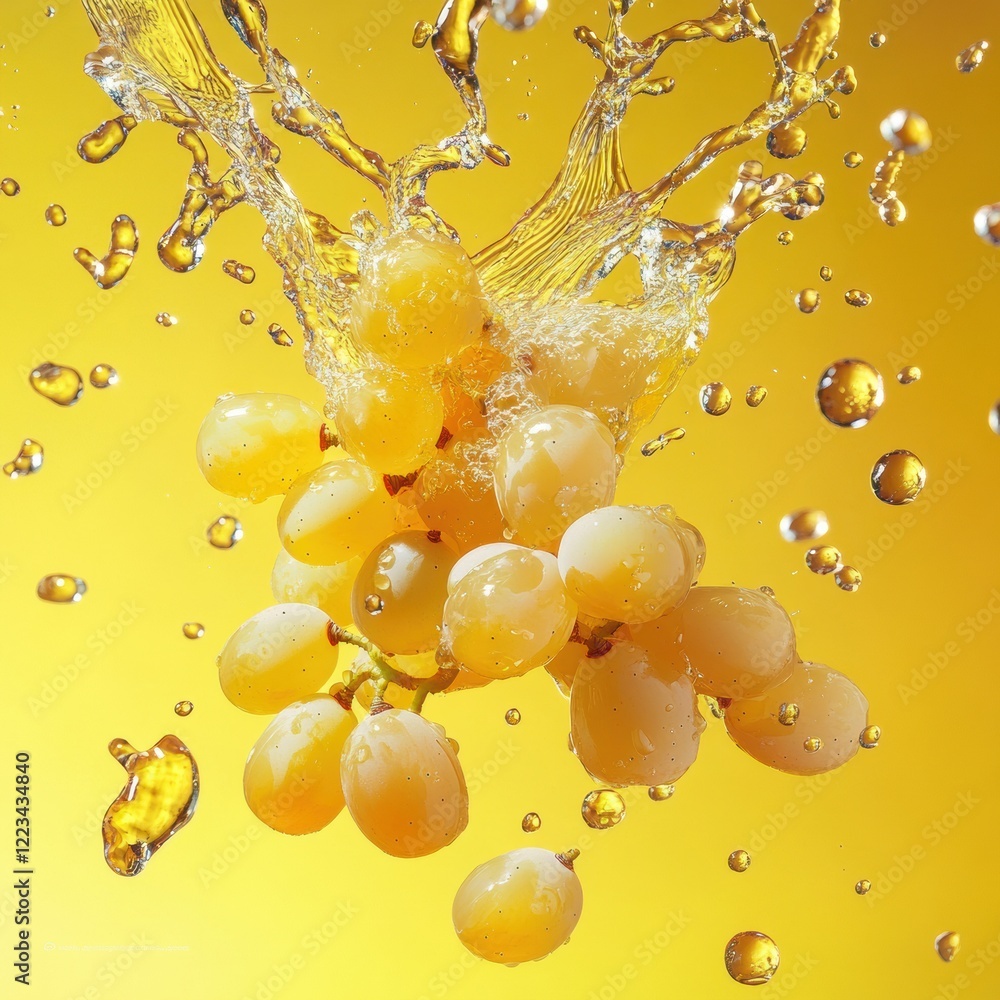 Poster yellow grapes splash into water creating droplets against a bright background in a fresh and vibrant