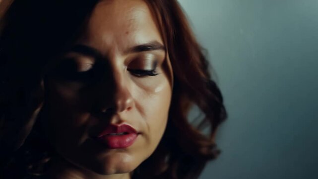 Zoom in low key lighting video, the camera zooms in on a woman with dark auburn hair cascading down her back, in a dimly lit library