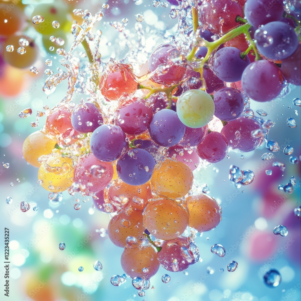 Poster vibrant grapes splashing in water create a colorful display of nature's harvest in a refreshing mome