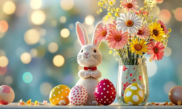 Cute Easter bunny, Easter eggs and spring flowers background 