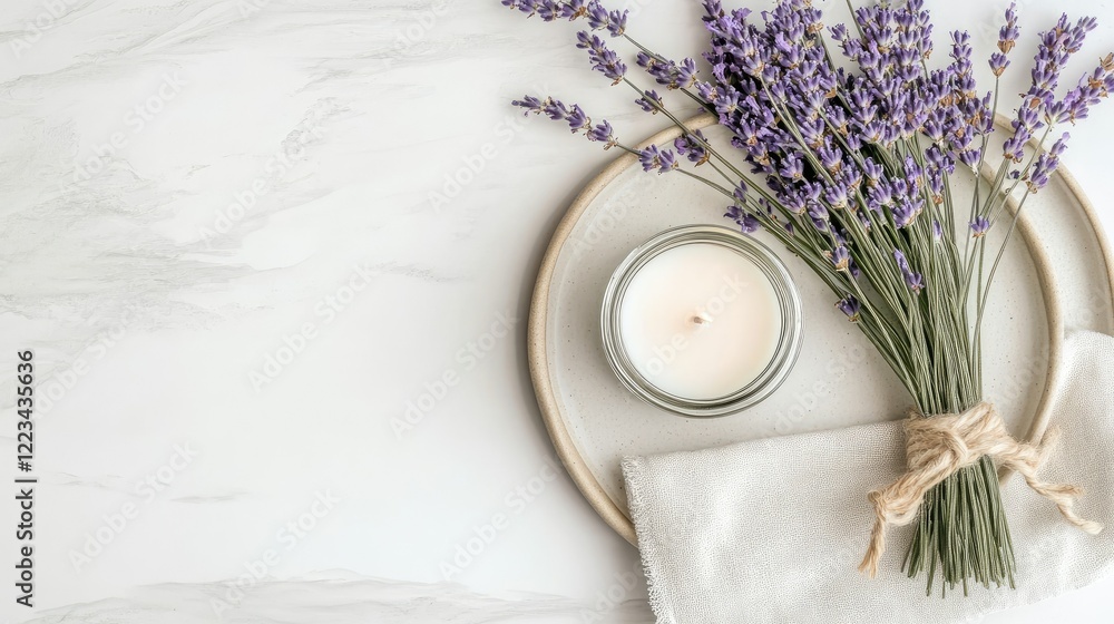 Poster lavender bundle and candle displayed on a minimalist tray creating a calming atmosphere in a serene 
