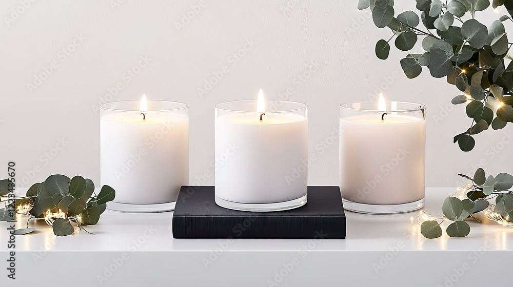 Poster tranquil setting with three lit candles and eucalyptus leaves creating a serene atmosphere for relax