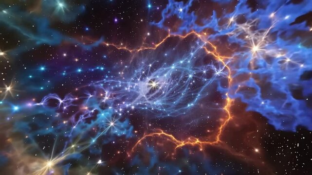 A dynamic camera zoom into the heart of a glowing galaxy, passing through nebulae and star clusters on the way