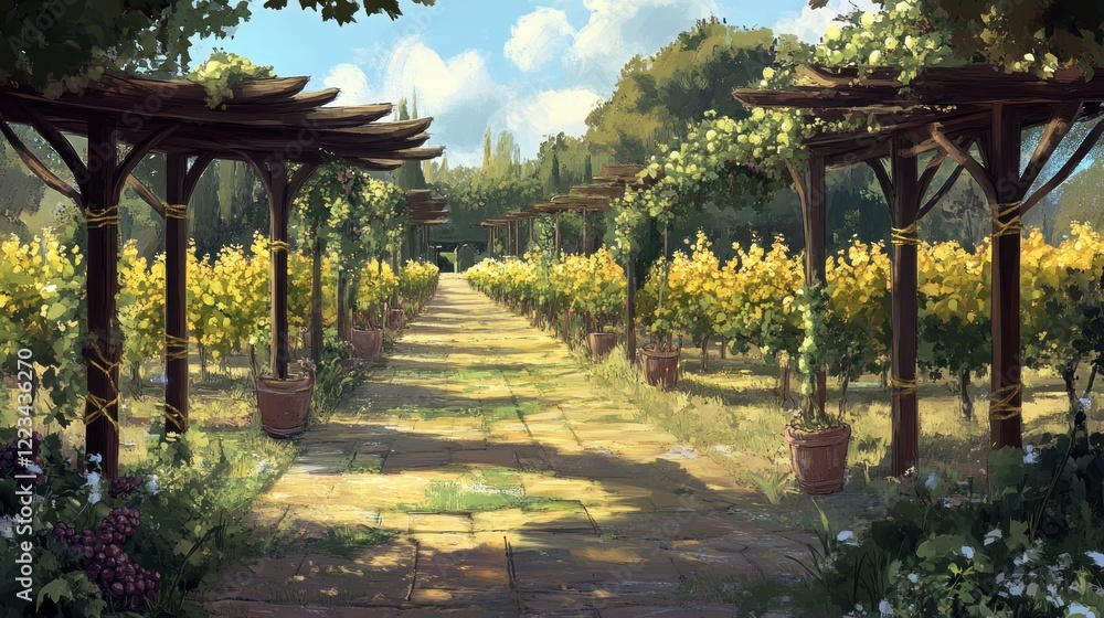Poster sunlit vineyard path with wooden trellises and grapevines