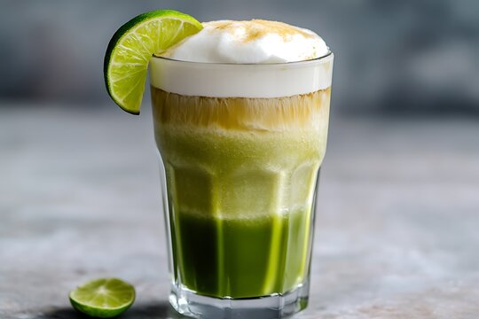 A refreshing iced coconut lime matcha latte with a smooth foam top and a lime wedge, served in a tall glass.
