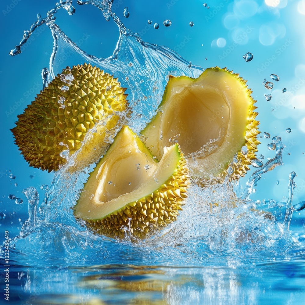 Aufkleber fresh durian halves splash into clear blue water creating delightful droplets and refreshing vibes. 