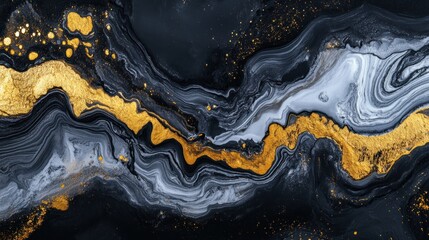 Fototapeta premium Abstract Fluid Art Black Gold Silver Swirls