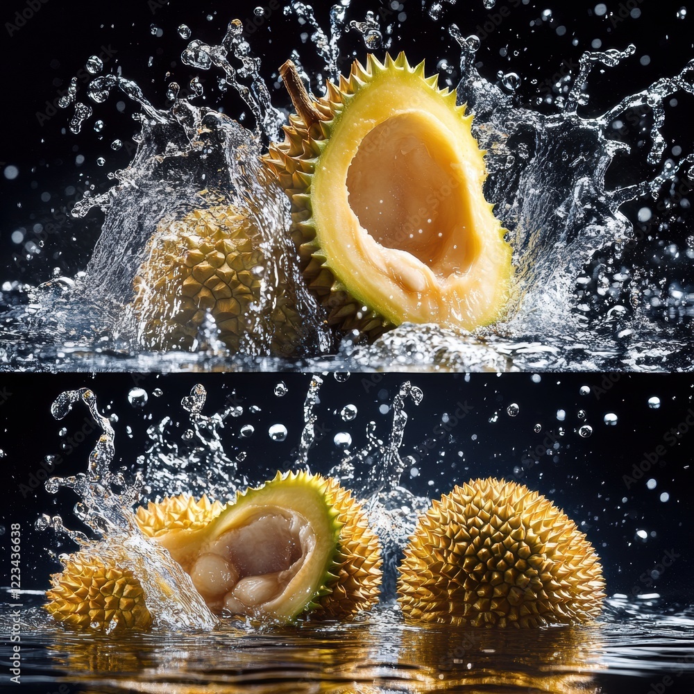 Poster durian fruits splashing in water highlighting vibrant color and texture during a refreshing display.