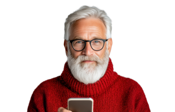Senior man with glasses and beard wearing red sweater while using smartphone on transparent background - Powered by Adobe