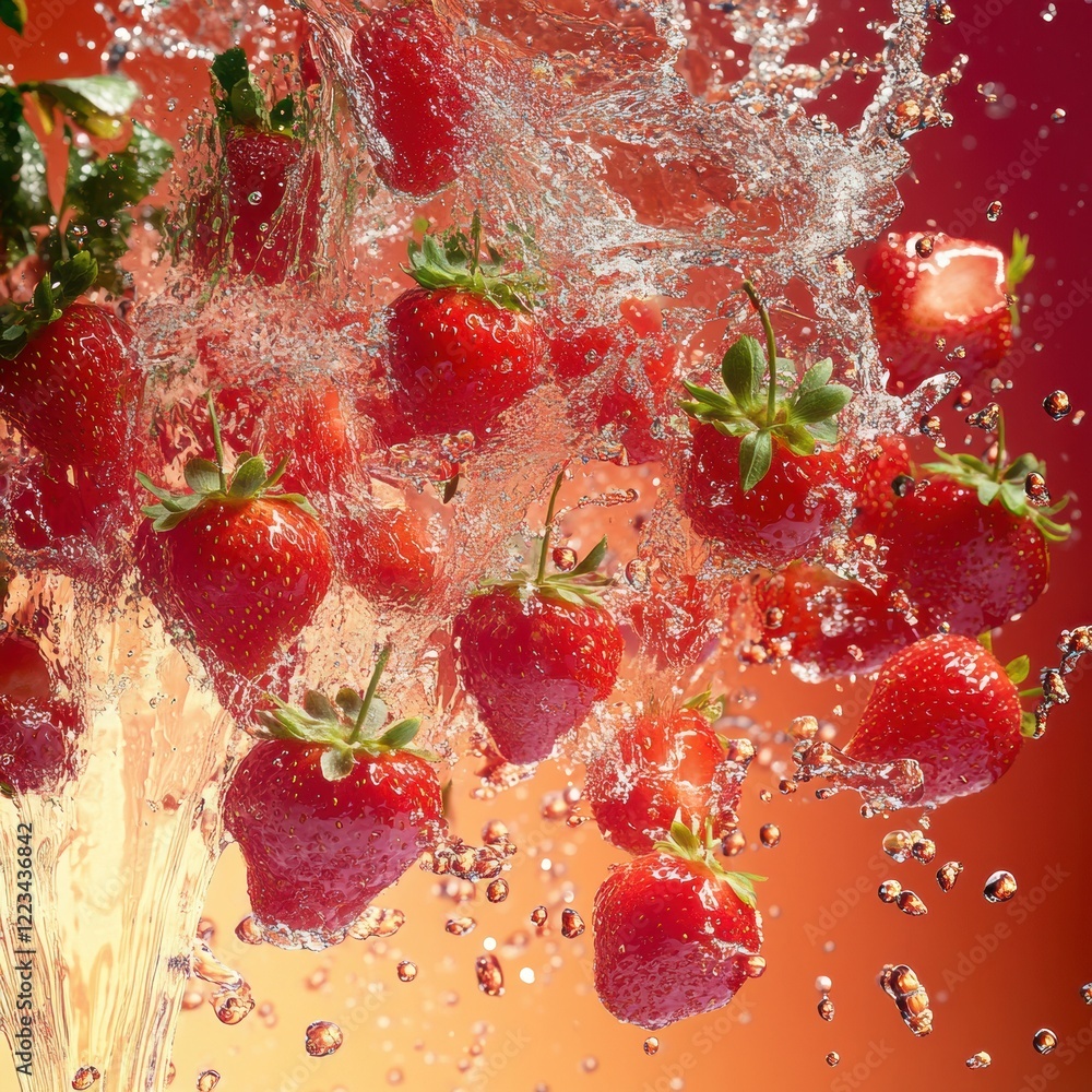 Poster fresh strawberries splash into clear water, creating a vibrant and energetic composition in a natura