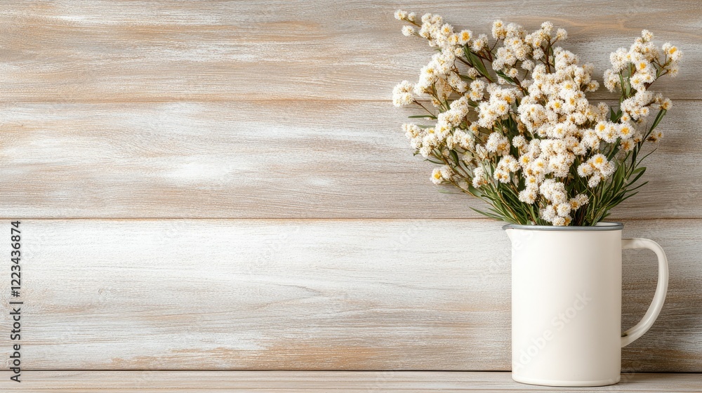 Poster white flowers in a vintage pitcher on a wooden background create a calming and rustic atmosphere in 