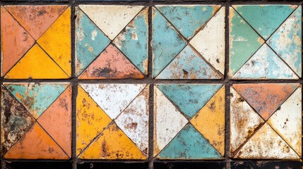 Geometrically patterned aged tile floor with faded colors