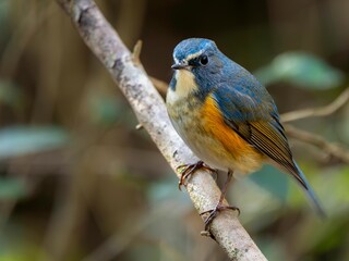 森の中で枝に留まって周りを見渡しているルリビタキの雄