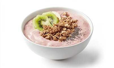 Smooth and creamy smoothie bowl topped with granola, chia seeds, and fresh kiwi and banana slices for a refreshing treat