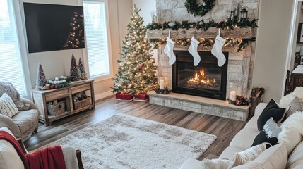 Cozy christmas living room with fireplace and decorated tree