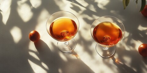 Elegant cocktail presentations on white tablecloth subtle soft lighting top-down perspective warmth refined ambiance