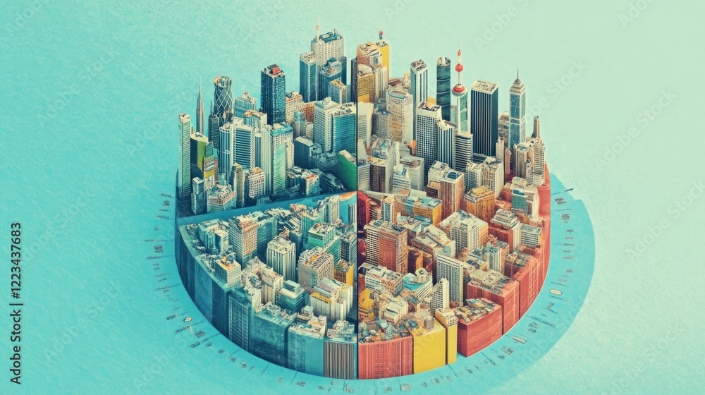Poster cityscape model divided into four sections representing a pie chart