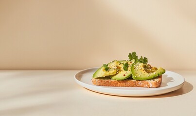 Minimalist avocado toast on a white plate, showcasing health and simplicity in a serene setting