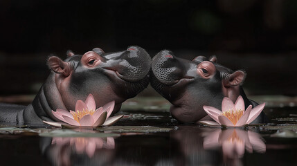 Photography of hippopotamus kissing with pale pink water lilies.