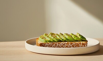 Fresh avocado toast on a minimalist plate evokes simplicity and modern style in a clean, calming setting