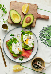 Whole grain toast with avocado and poached egg. for breakfast  .Healthy appetizer.