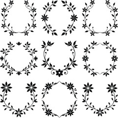 Vintage Black And White Floral Wreath Frames Set Vector Illustration On White Background