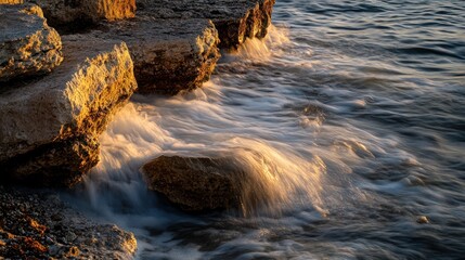 Obraz premium Golden Sunlight Illuminates Waves Crashing on Rocks